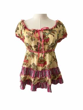 Y2K Rene Derhy 100% Cotton Yellow Floral Babydoll Top Size S Boho Bohemian